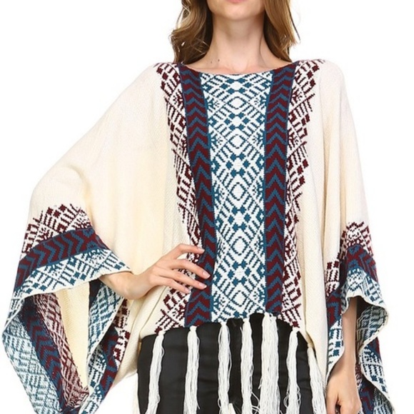 Bohemian cream tassel Poncho Sweater pullo… - Picture 2 of 10